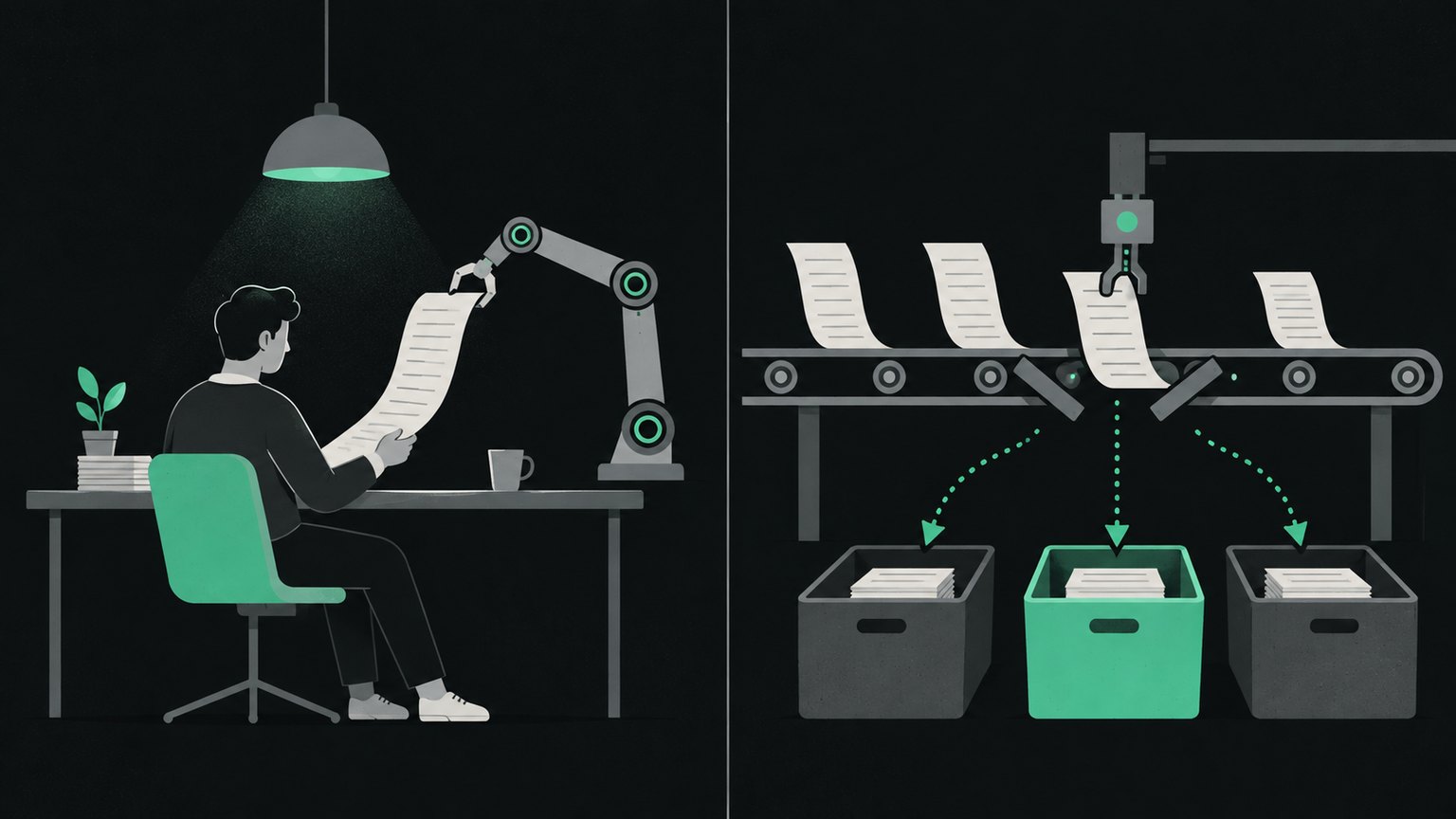 Ilustração em dois painéis: à esquerda, uma pessoa sentada lê uma folha longa entregue por um braço robótico. À direita, os mesmos itens correm numa esteira e são separados em três caixas, sem ninguém por perto.