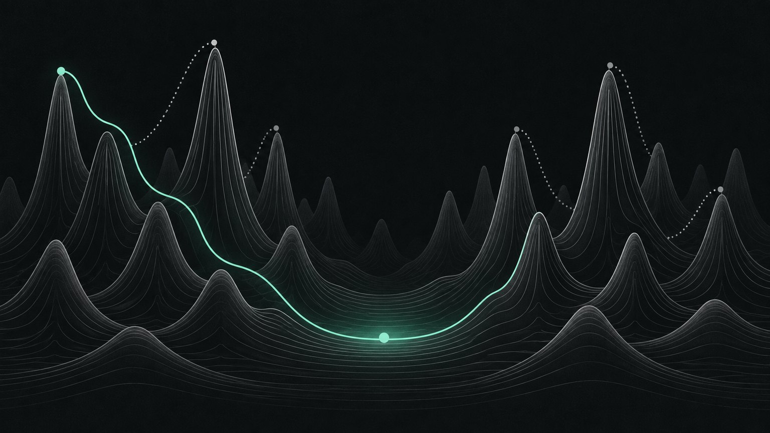 Ilustração: uma paisagem de picos estreitos de alturas diferentes, como uma distribuição de probabilidade virada terreno. Uma linha verde ignora todos os picos e desliza sempre para o mesmo vale largo do meio.